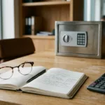 Mesa de escritório com cofre de aço ao fundo, calculadora financeira e caderno de planejamento