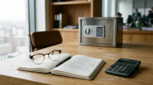 Mesa de escritório com cofre de aço ao fundo, calculadora financeira e caderno de planejamento