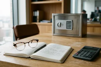 Mesa de escritório com cofre de aço ao fundo, calculadora financeira e caderno de planejamento