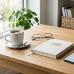 Mesa de escritório com smartphone mostrando aplicativo bancário, xícara de café e caderno de finanças