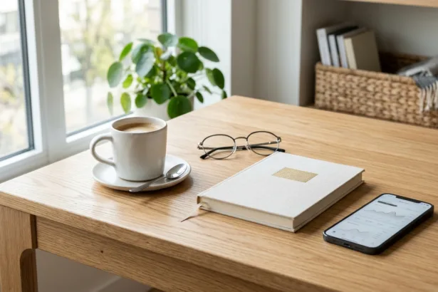 Mesa de escritório com smartphone mostrando aplicativo bancário, xícara de café e caderno de finanças