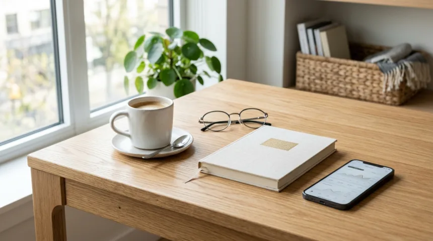 Mesa de escritório com smartphone mostrando aplicativo bancário, xícara de café e caderno de finanças