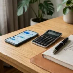 Mesa de planejamento financeiro com smartphone, calculadora e caderno de anotações