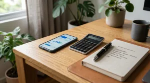 Mesa de planejamento financeiro com smartphone, calculadora e caderno de anotações