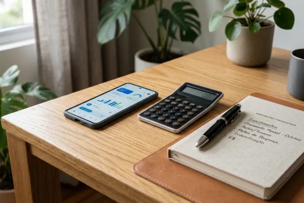 Mesa de planejamento financeiro com smartphone, calculadora e caderno de anotações