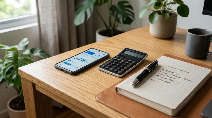 Mesa de planejamento financeiro com smartphone, calculadora e caderno de anotações