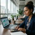 analista financeira brasileira calculando rendimento de CDB de 300 mil reais com calculadora financeira e laptop