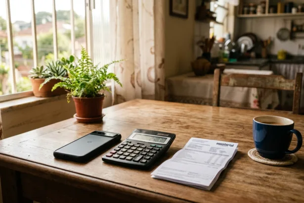 Mesa de cozinha com fatura de energia e smartphone para simulação de empréstimo na conta de luz