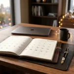 Mesa executiva com agenda e calendário de datas do décimo terceiro salário em novembro e dezembro