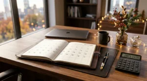 Mesa executiva com agenda e calendário de datas do décimo terceiro salário em novembro e dezembro