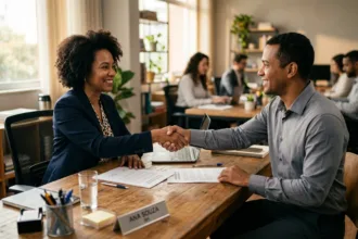 Profissional de RH e colaborador selando acordo formal de rescisão de trabalho