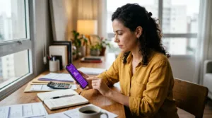 Consumidora realizando simulação de empréstimo pessoal nubank no aplicativo