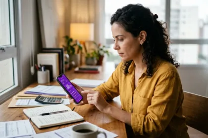 Consumidora realizando simulação de empréstimo pessoal nubank no aplicativo