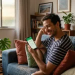 Homem brasileiro no sofá sorrindo ao ver aprovação de empréstimo de 100 reais para negativado no smartphone