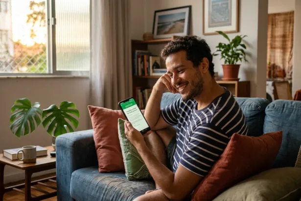 Homem brasileiro no sofá sorrindo ao ver aprovação de empréstimo de 100 reais para negativado no smartphone
