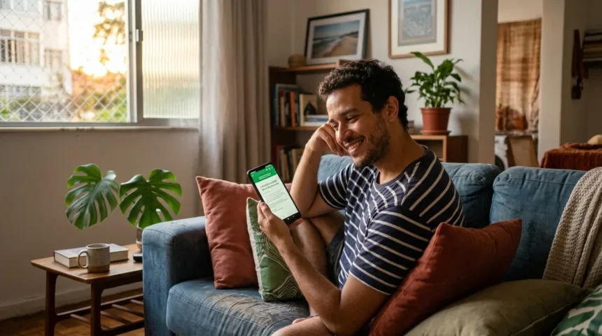 Homem brasileiro no sofá sorrindo ao ver aprovação de empréstimo de 100 reais para negativado no smartphone