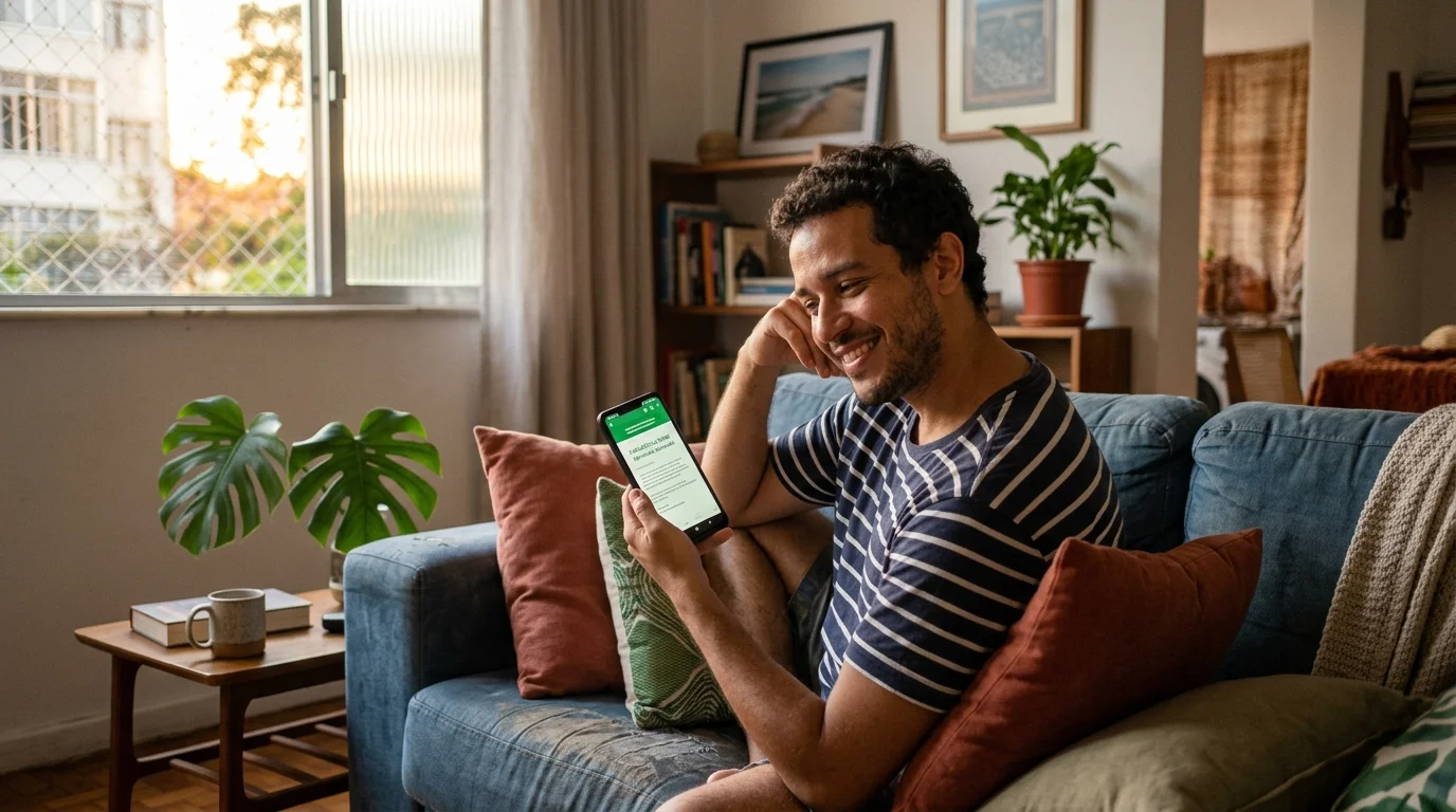Homem brasileiro no sofá sorrindo ao ver aprovação de empréstimo de 100 reais para negativado no smartphone