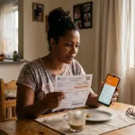 Consumidora brasileira analisando se empréstimo na conta de luz é confiável com fatura de energia e celular