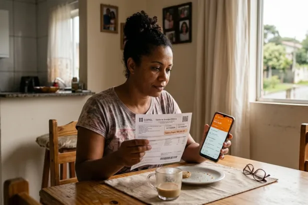Consumidora brasileira analisando se empréstimo na conta de luz é confiável com fatura de energia e celular