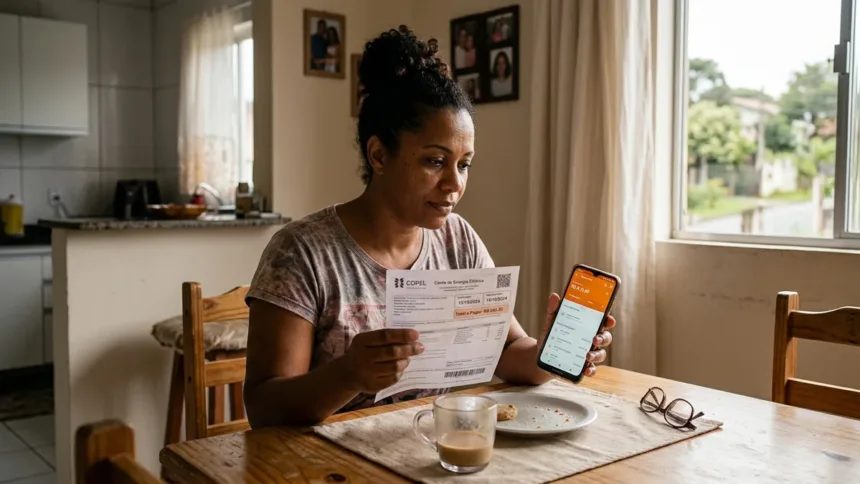 Consumidora brasileira analisando se empréstimo na conta de luz é confiável com fatura de energia e celular