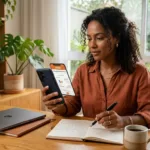 Mulher brasileira planejando empréstimo para negativado e comparando taxas no smartphone