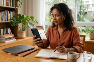 Mulher brasileira planejando empréstimo para negativado e comparando taxas no smartphone