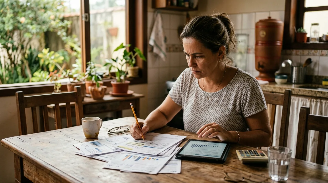 Consumidora analisando faturas para solicitar empréstimo na conta de luz