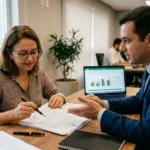 Consumidora brasileira analisando contrato de renegociação no feirão Serasa Limpa Nome com especialista financeiro