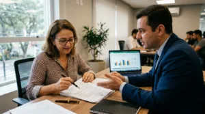 Consumidora brasileira analisando contrato de renegociação no feirão Serasa Limpa Nome com especialista financeiro