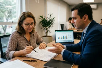 Consumidora brasileira analisando contrato de renegociação no feirão Serasa Limpa Nome com especialista financeiro