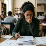estudante universitária brasileira revisando documentos de renegociação de dívida do FIES em biblioteca