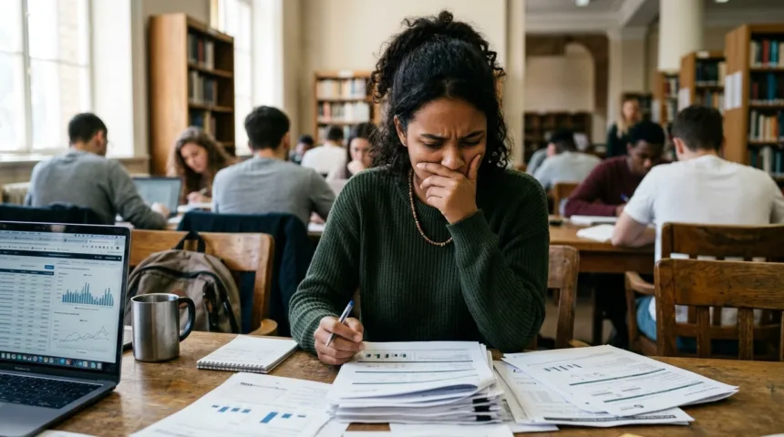 estudante universitária brasileira revisando documentos de renegociação de dívida do FIES em biblioteca