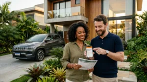 Casal brasileiro em frente a bela casa residencial com automóvel na garagem avaliando opções de empréstimo com garantia em smartphone