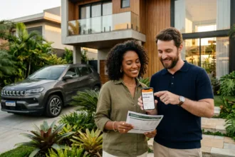 Casal brasileiro em frente a bela casa residencial com automóvel na garagem avaliando opções de empréstimo com garantia em smartphone