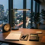 Mesa executiva à noite com relógio de mesa, planilha de horas extras e calculadora