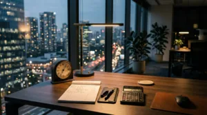 Mesa executiva à noite com relógio de mesa, planilha de horas extras e calculadora