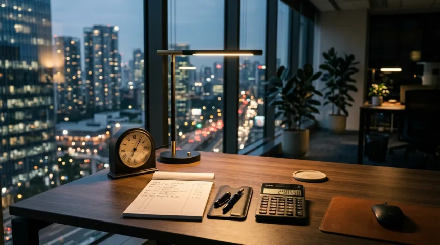 Mesa executiva à noite com relógio de mesa, planilha de horas extras e calculadora