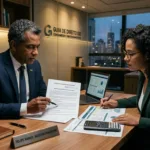 Auditor financeiro e consumidora analisando contrato de empréstimo bancário e planilha de juros abusivos em mesa executiva