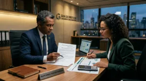 Auditor financeiro e consumidora analisando contrato de empréstimo bancário e planilha de juros abusivos em mesa executiva