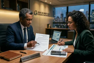 Auditor financeiro e consumidora analisando contrato de empréstimo bancário e planilha de juros abusivos em mesa executiva