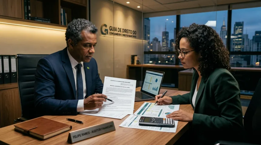 Auditor financeiro e consumidora analisando contrato de empréstimo bancário e planilha de juros abusivos em mesa executiva