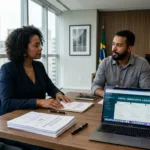 Reunião profissional de Recursos Humanos com documentos trabalhistas sobre a mesa para tratar de encerramento de contrato CLT