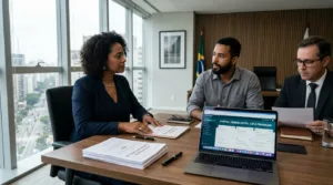 Reunião profissional de Recursos Humanos com documentos trabalhistas sobre a mesa para tratar de encerramento de contrato CLT