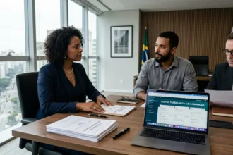 Reunião profissional de Recursos Humanos com documentos trabalhistas sobre a mesa para tratar de encerramento de contrato CLT