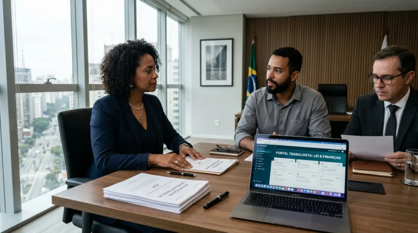 Reunião profissional de Recursos Humanos com documentos trabalhistas sobre a mesa para tratar de encerramento de contrato CLT