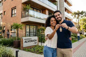 Casal comemorando conquista da casa própria com simulador habitacional caixa minha casa minha vida
