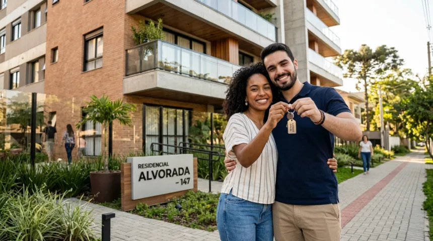 Casal comemorando conquista da casa própria com simulador habitacional caixa minha casa minha vida