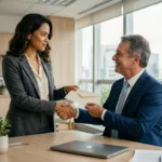 Profissional entregando carta formal de pedido de demissão ao gestor corporativo com aperto de mãos amigável