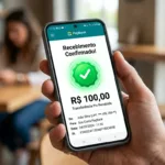 Comprovante digital de recebimento de Pix de 100 reais em aplicativo de fintech bancária
