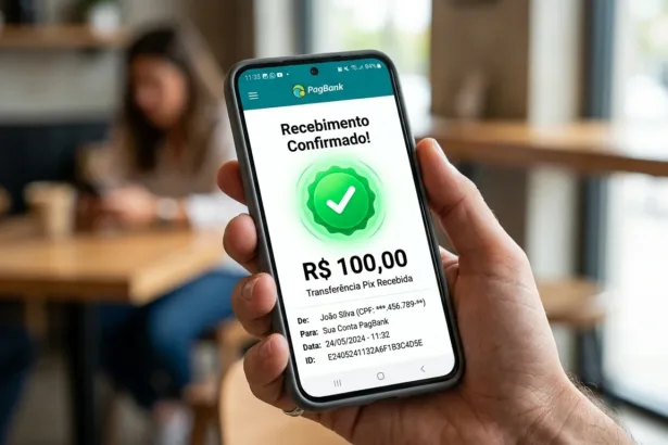 Comprovante digital de recebimento de Pix de 100 reais em aplicativo de fintech bancária